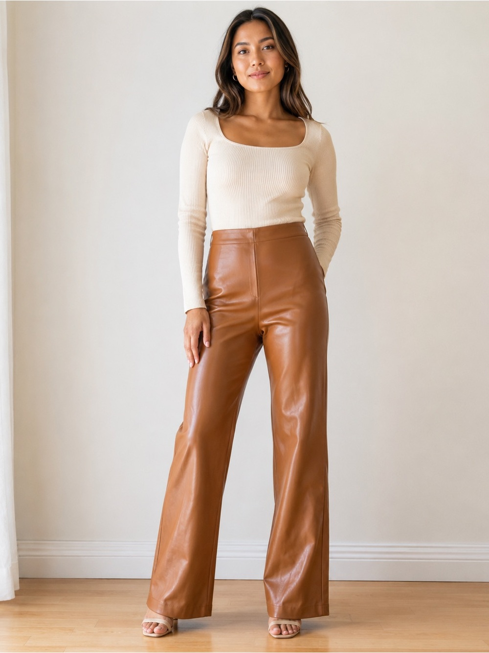 Wilfred Aritzia Faux Leather Pants Brown High Rise Straight Leg Size 0